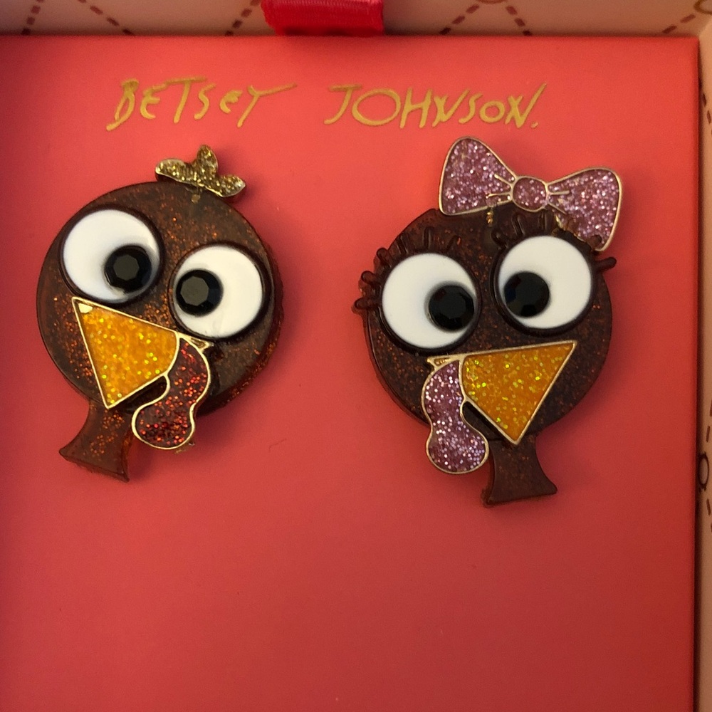 Betsey Johnson Gold Tone Mr & Mrs Thanksgiving Turkey Stud Earrings NIB